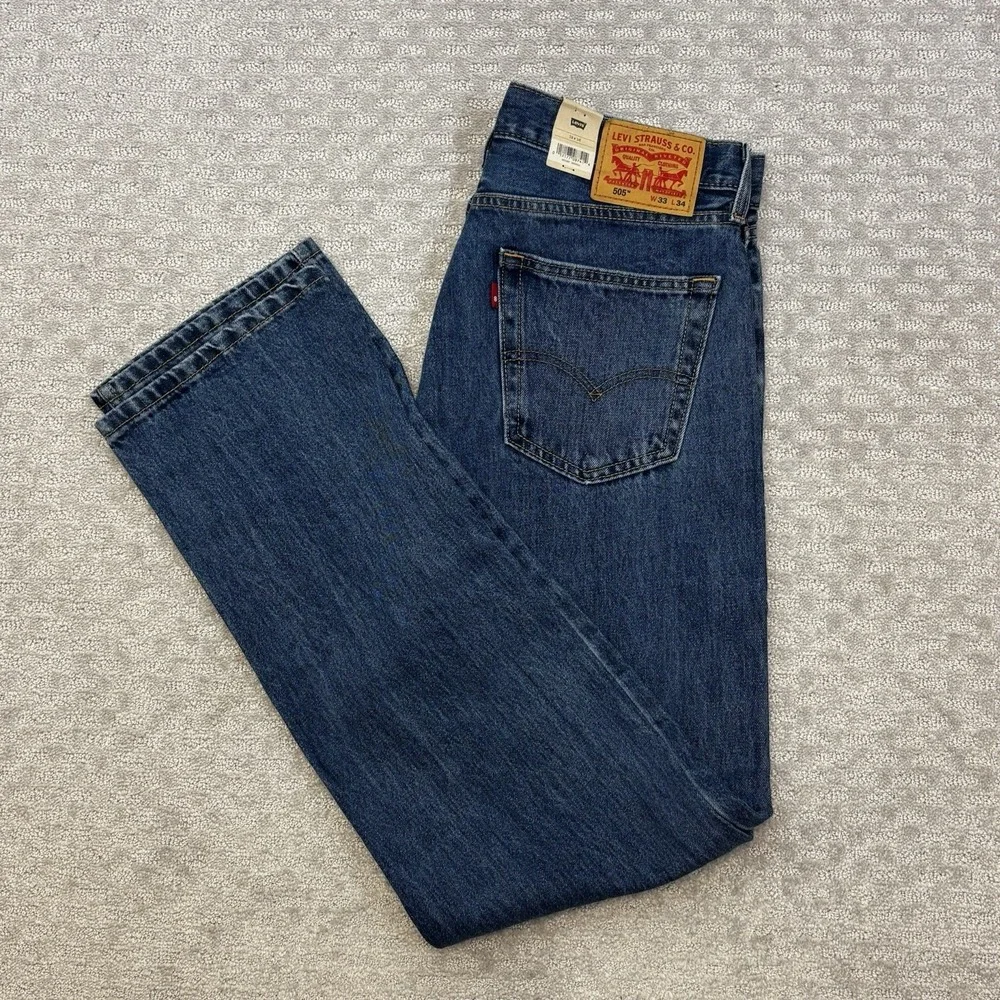 Levis 505 Regular Fit Jeans Medium Blue Stonewash Straight Leg Sz 33X34